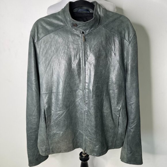 Kenzo Homme Men's Green Silver 100% Lambskin Leather Full Zip Racer Jacket XXL
